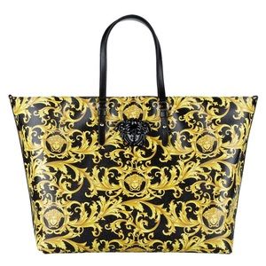 Versace Black and Gold Baroque Printed Tote Bag with Medusa